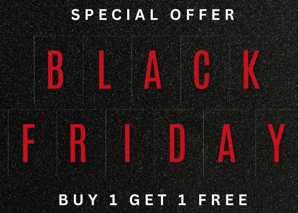 Black Friday promotional text on a black background with red and white text.