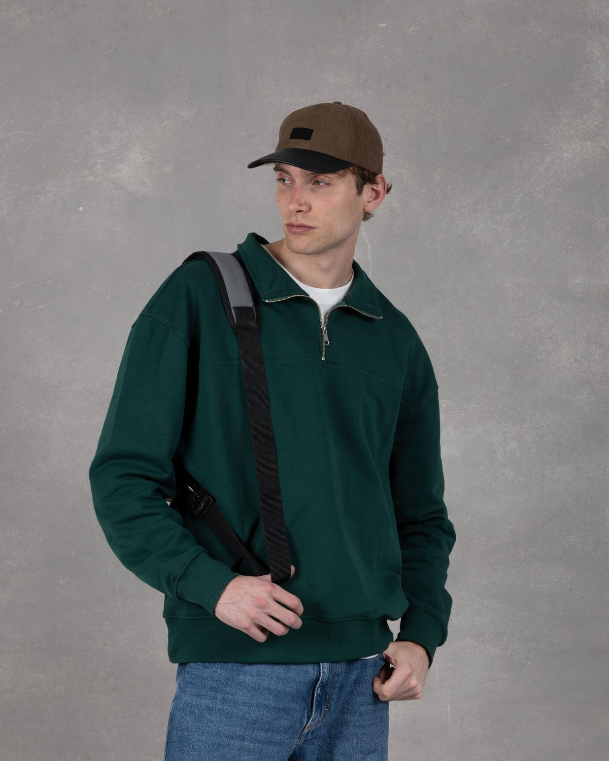 Forest green quarter-zip sweatshirt